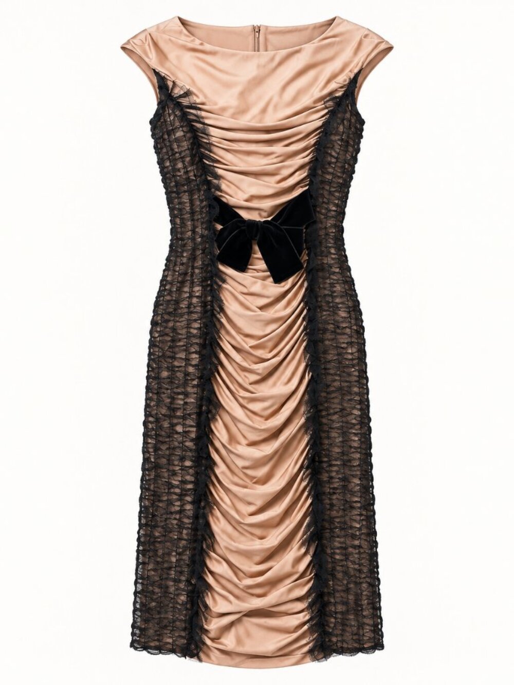 Max Mara Blush Black Lace Ruched Fitted Midi Dress Size 6